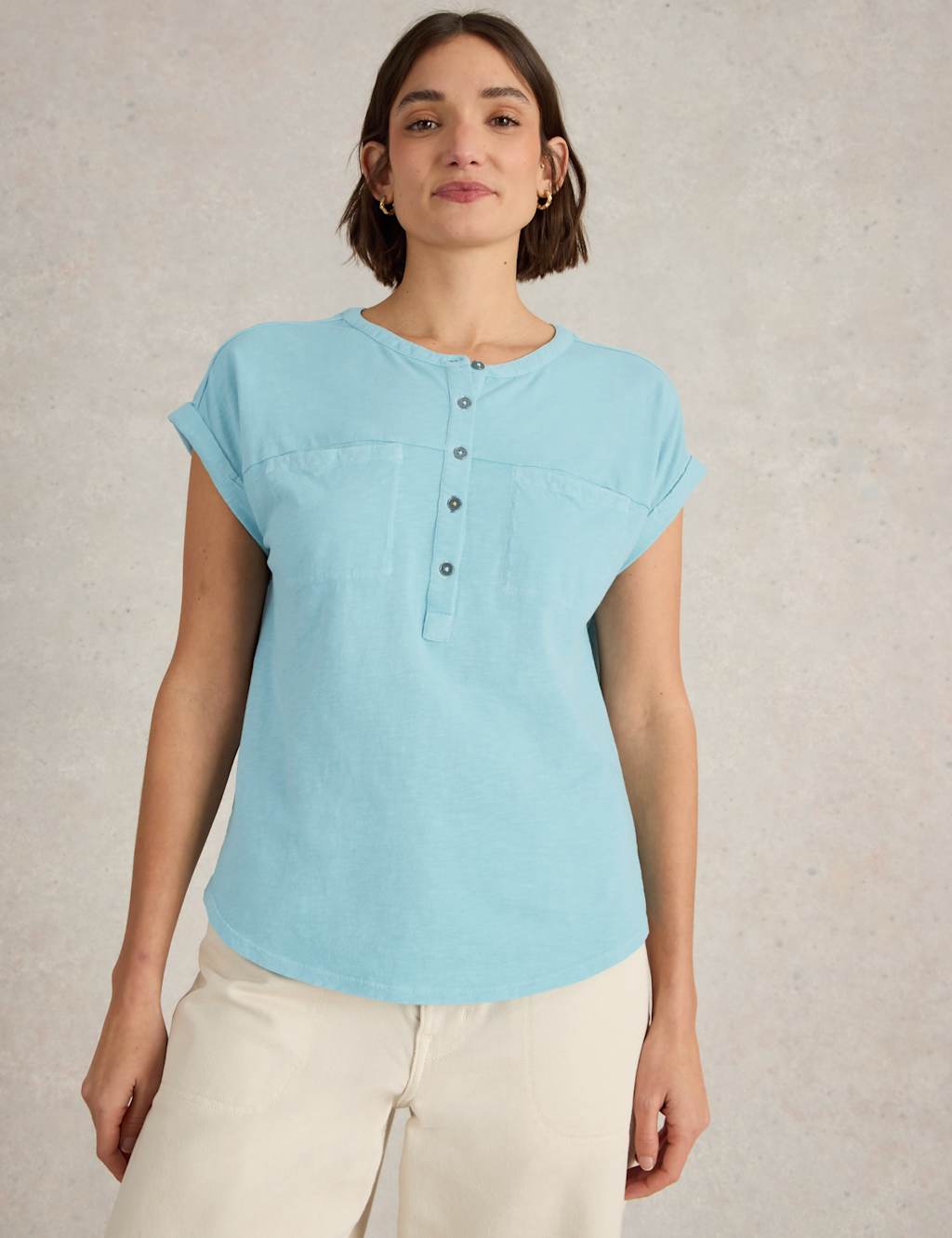 Pure Cotton Crew Neck Button Detail Shirt 6 of 7