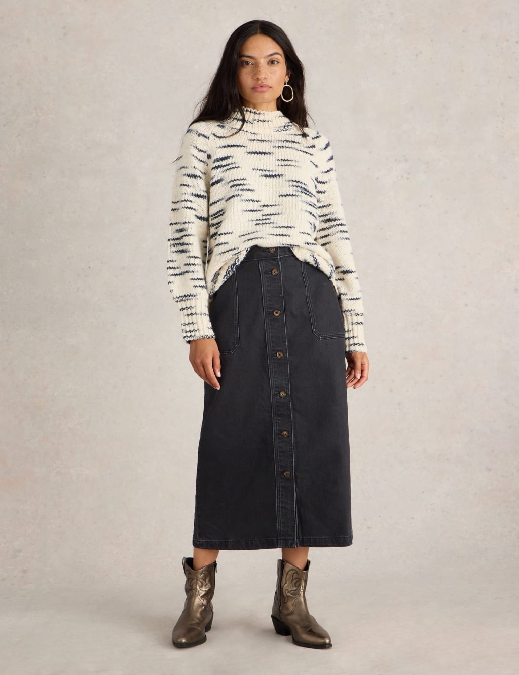 Denim Button Front Midi Skirt White Stuff M S