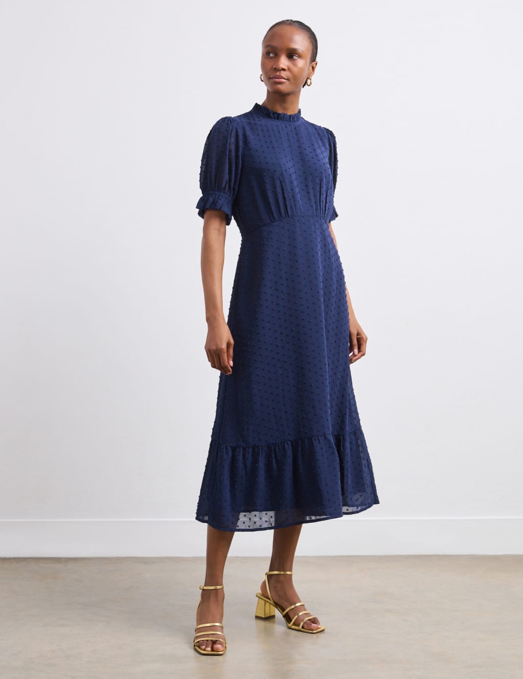 Spot Print Puff Sleeve Midi Tiered Dress 1 of 4