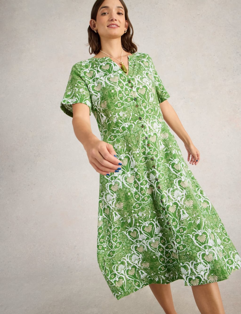 Pure Linen Notch Neck Button Through Tea Dress 1 of 6