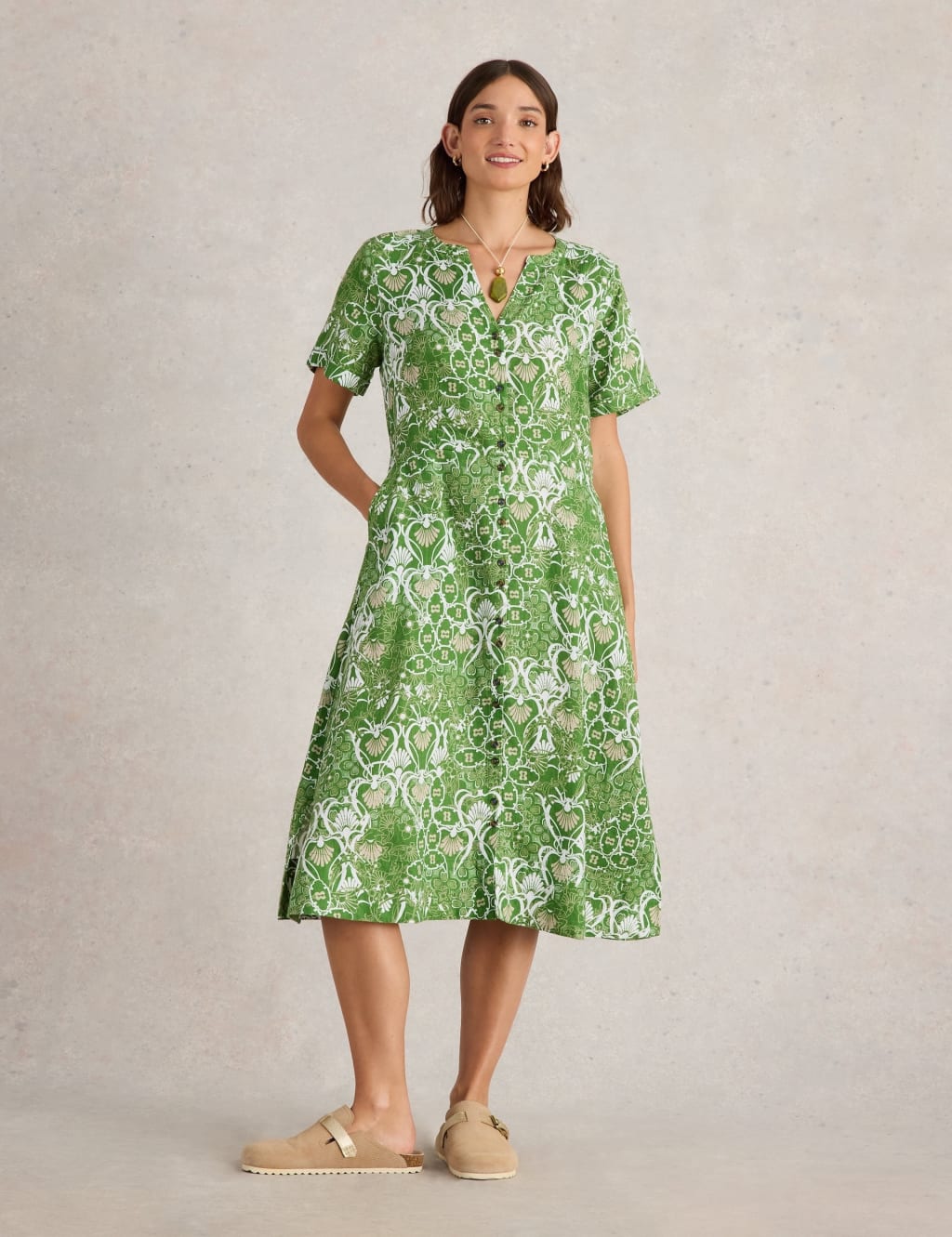 Pure Linen Notch Neck Button Through Tea Dress 3 of 6
