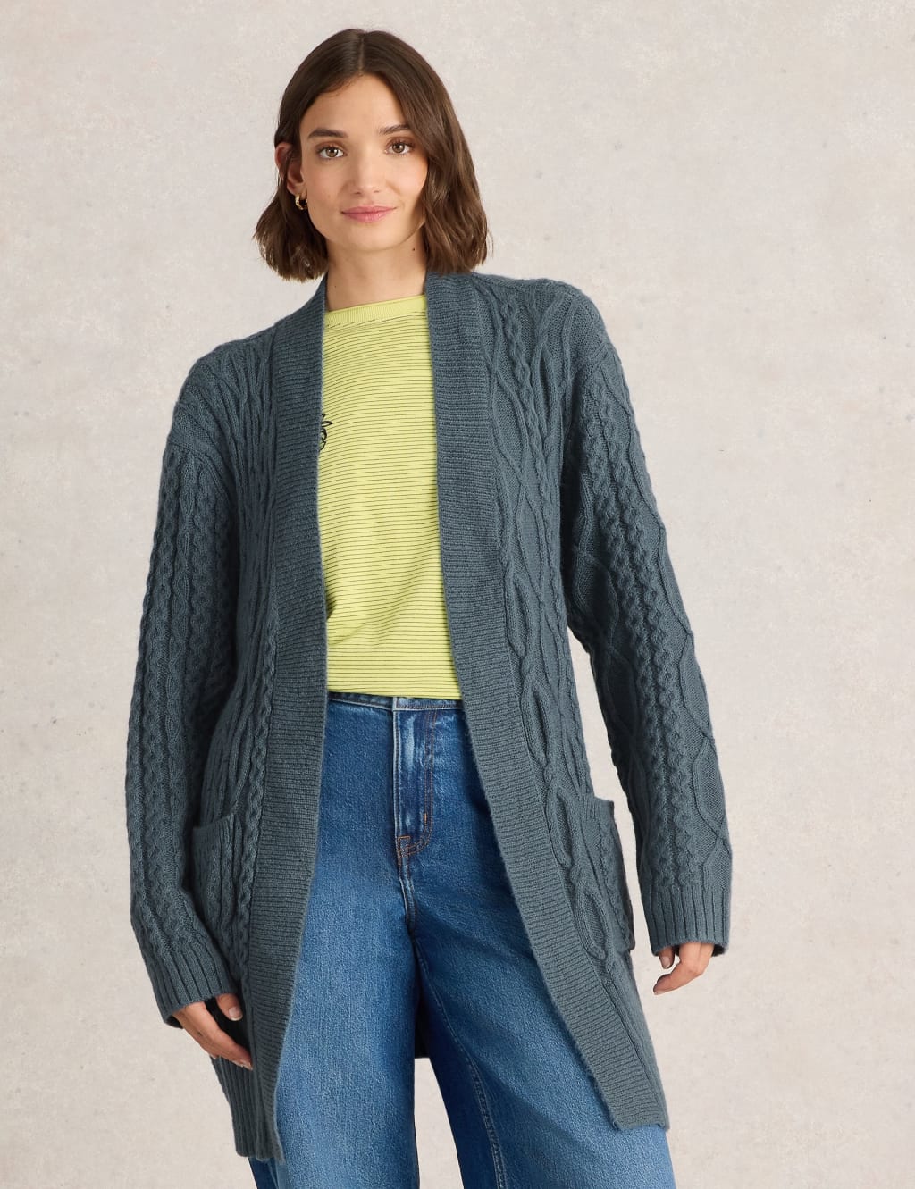 Cable Knit Belted Wrap Cardigan with Wool