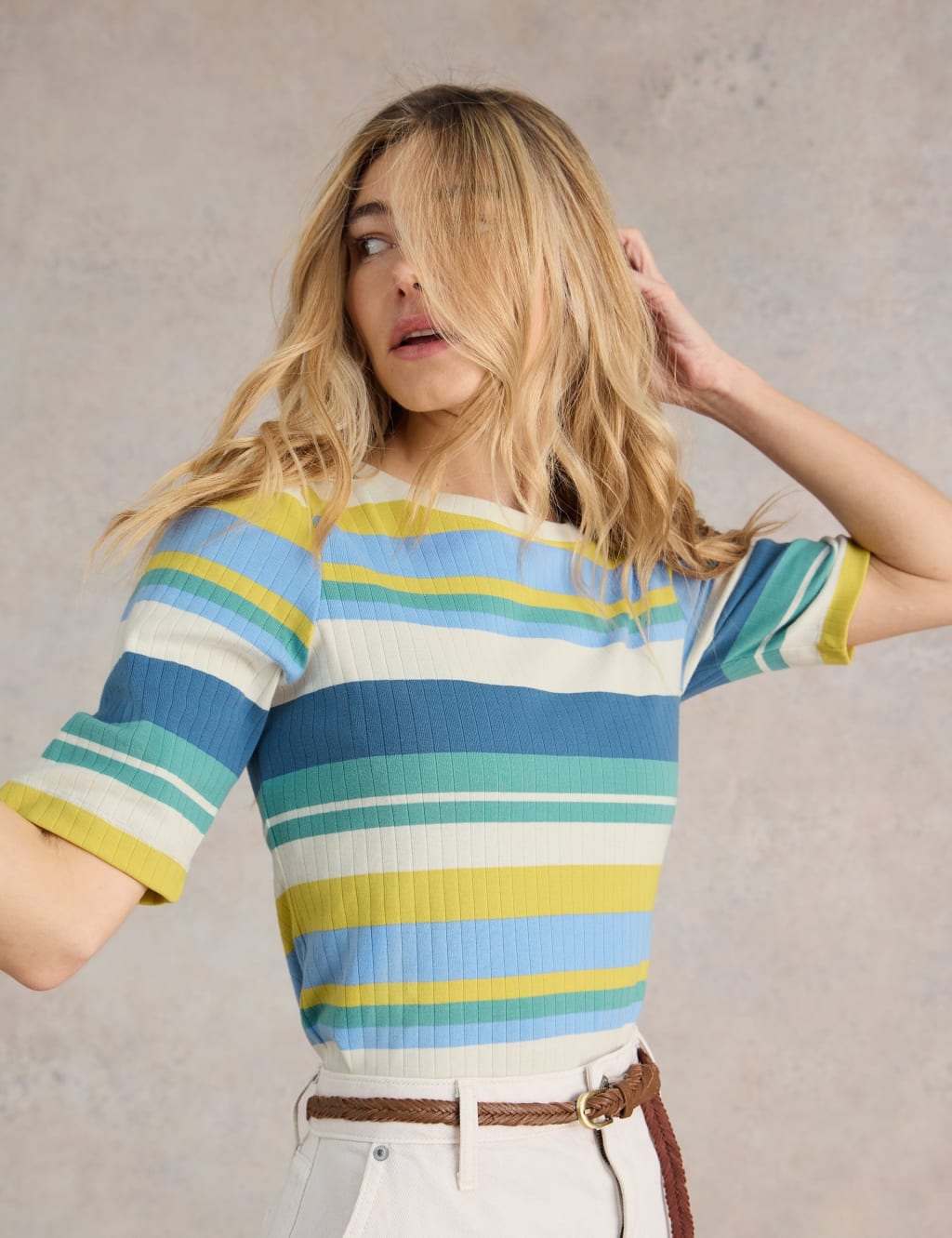 Pure Cotton Striped Puff Sleeve T-Shirt 1 of 6