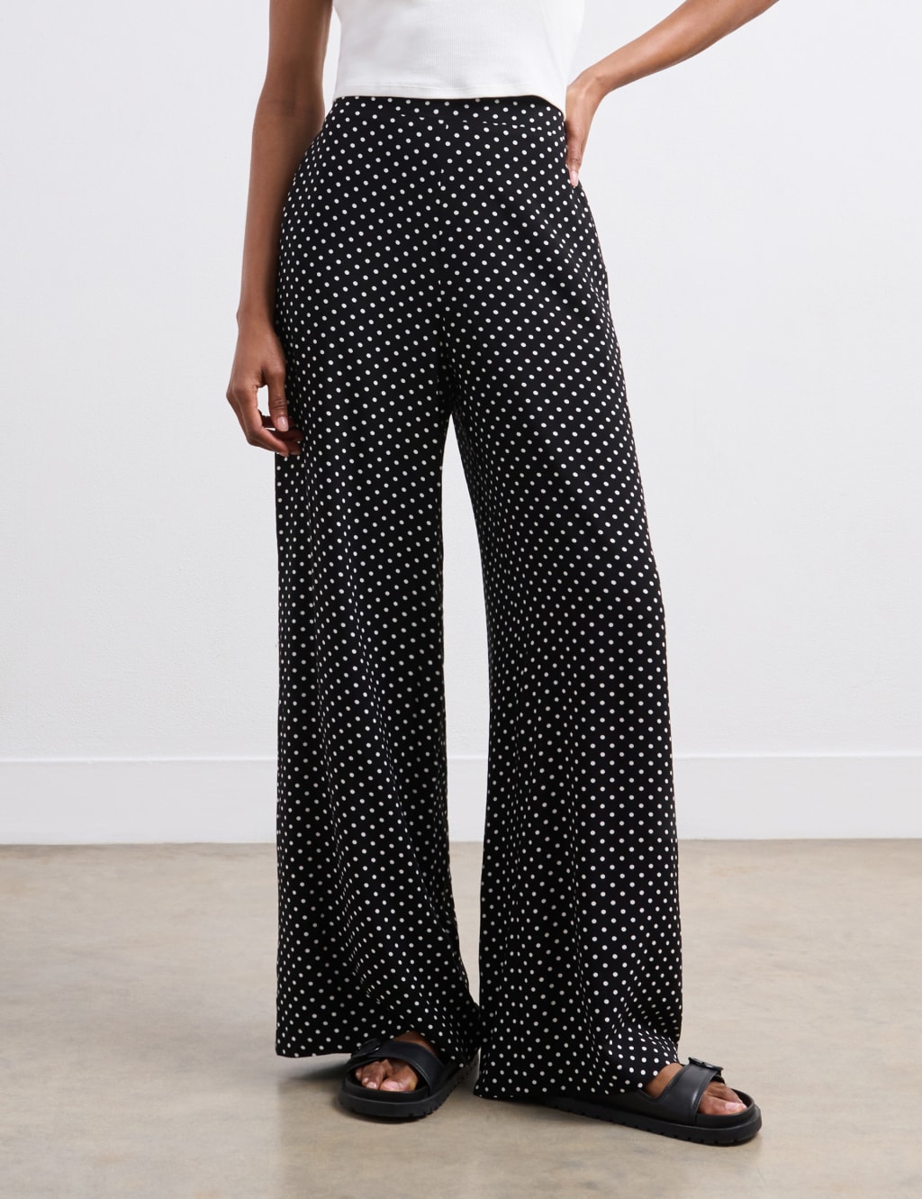 Black and white polka dot wide leg pants clearance