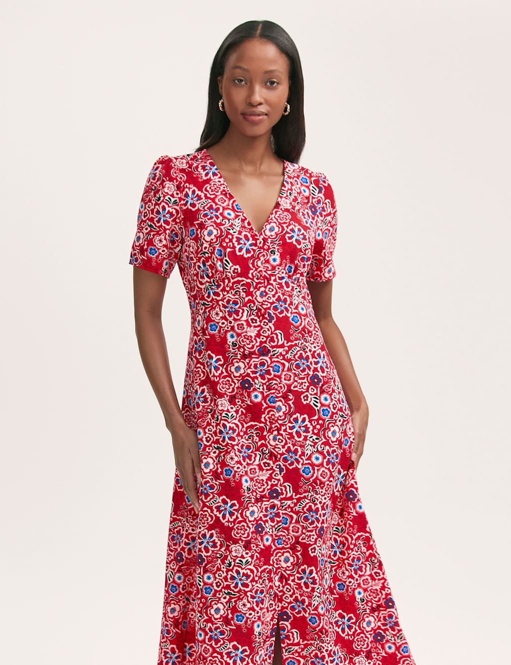 Floral V-Neck Button Through Midi Tea Dress 3 of 4