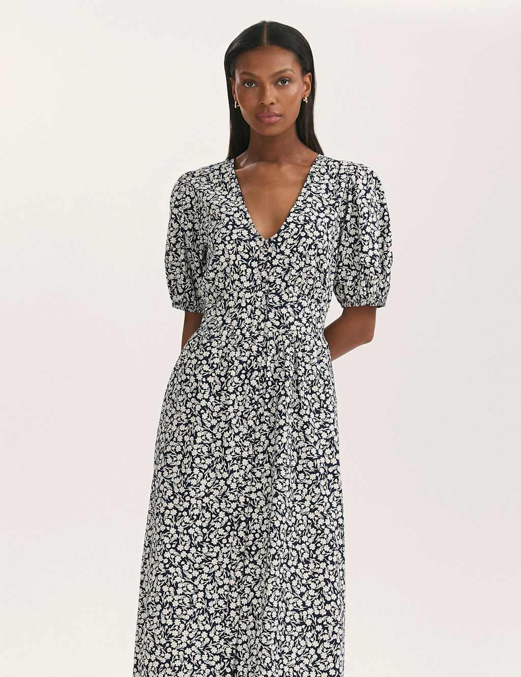 Pure Cotton Floral V-Neck Midi Waisted Dress 3 of 4