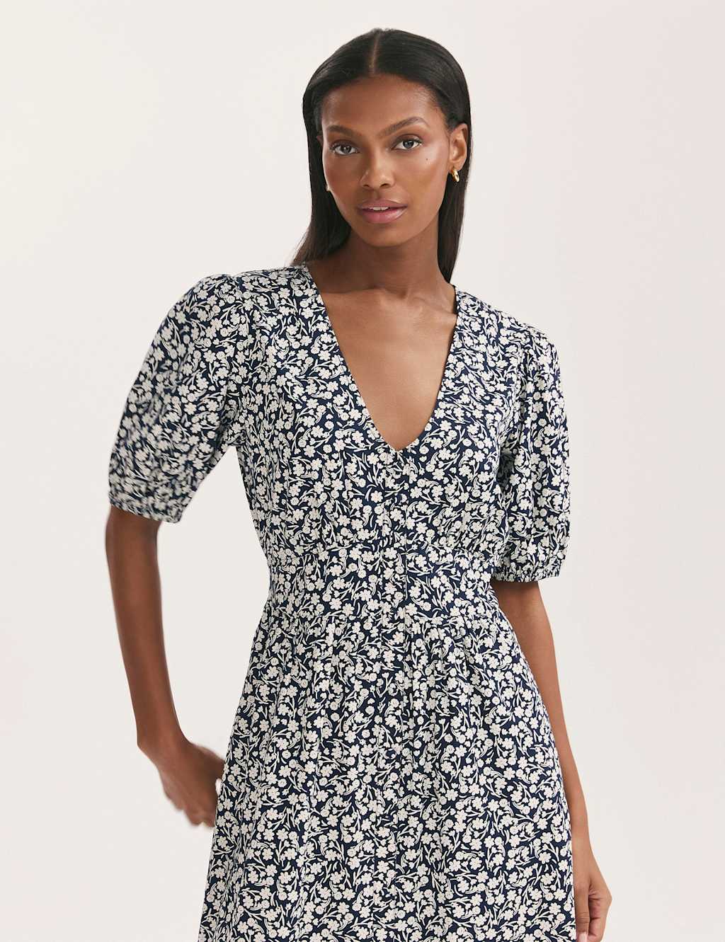 Pure Cotton Floral V-Neck Midi Waisted Dress 4 of 4