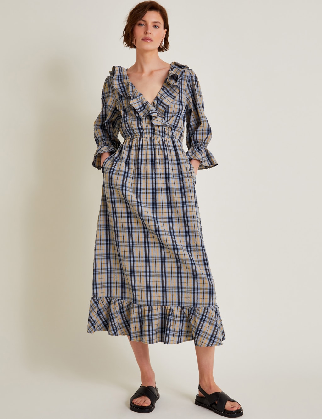 Pure Cotton Checked V Neck Midi Smock Dress