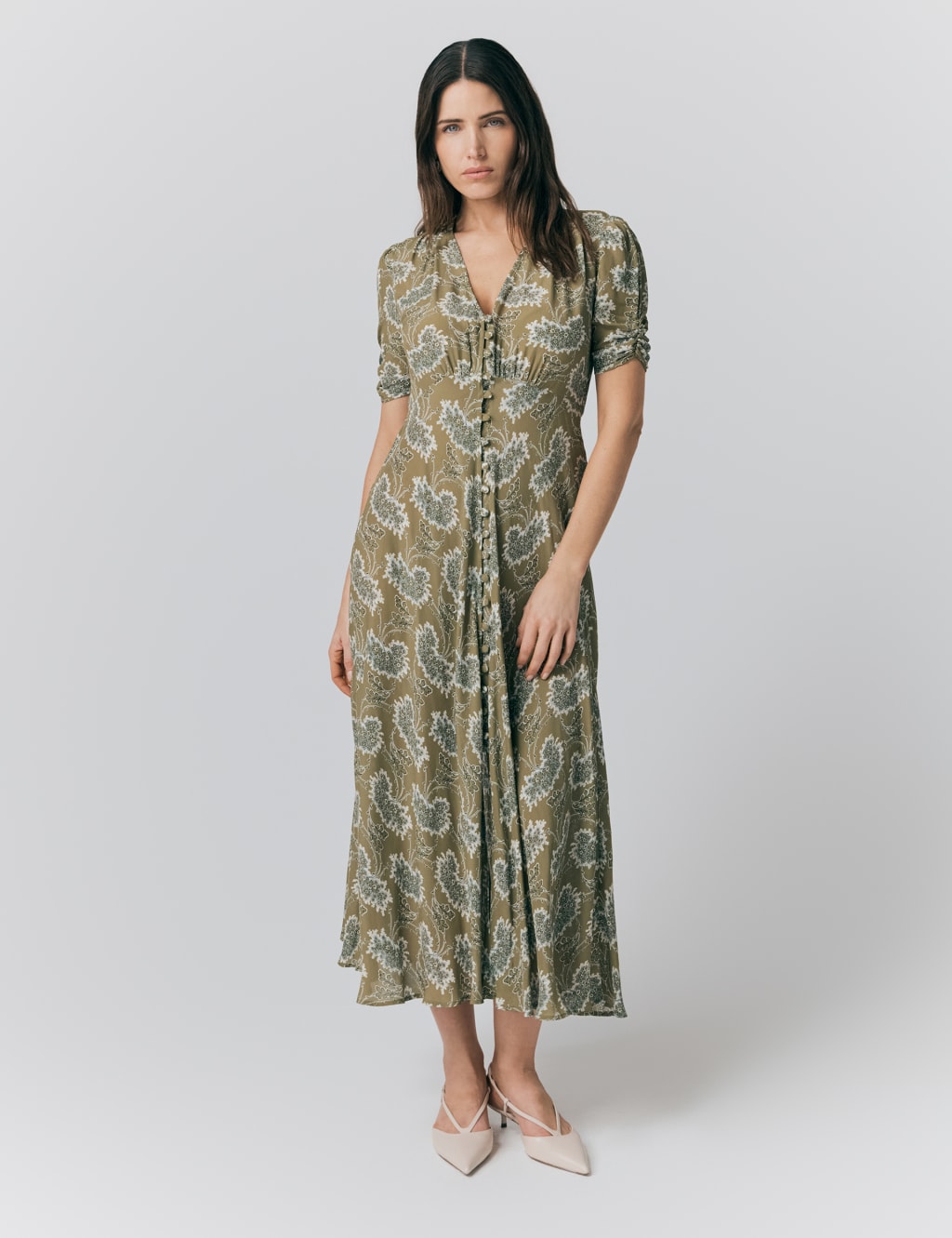Crepe Floral V-Neck Midi Tea Dress 1 of 4