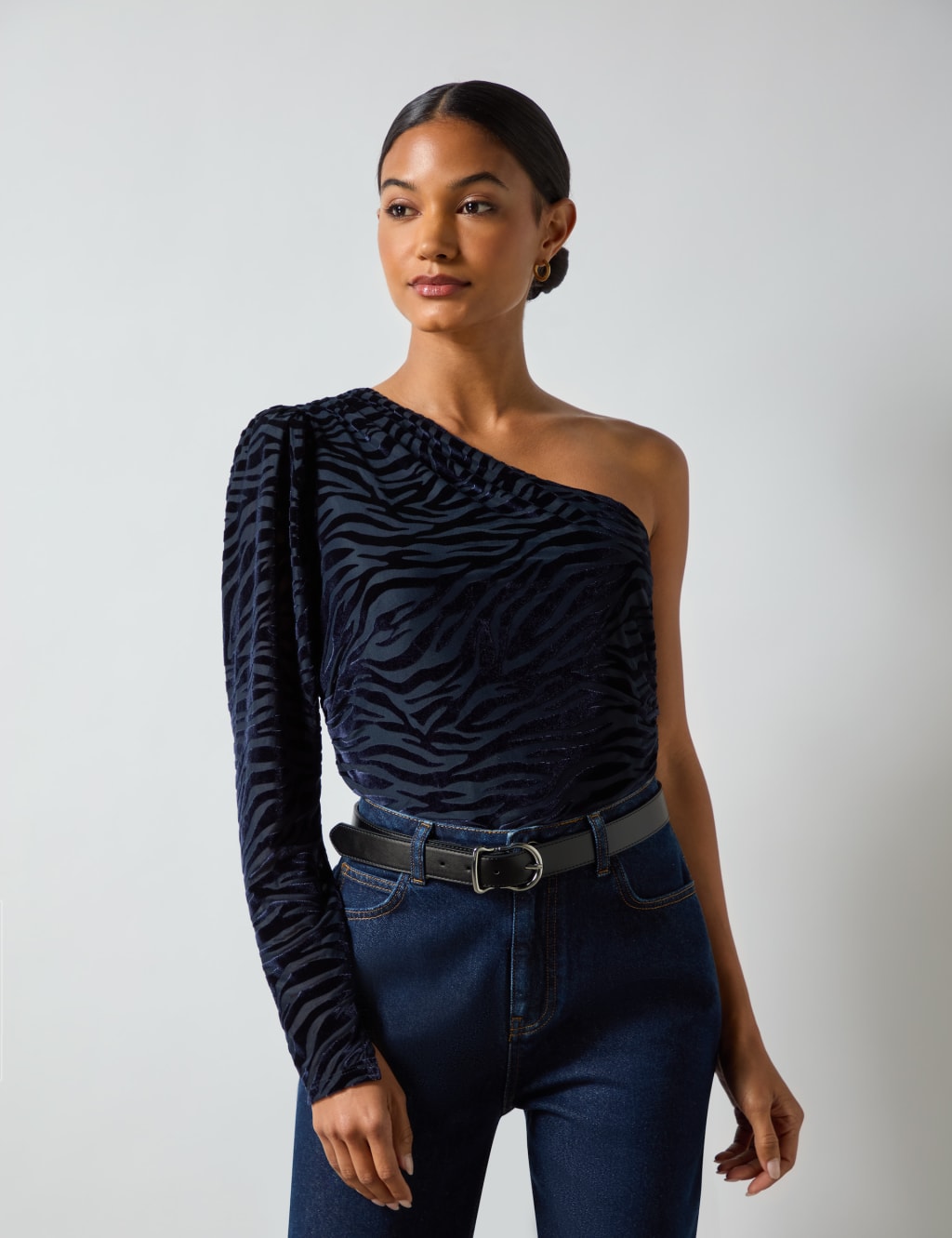 One shoulder zebra top shop