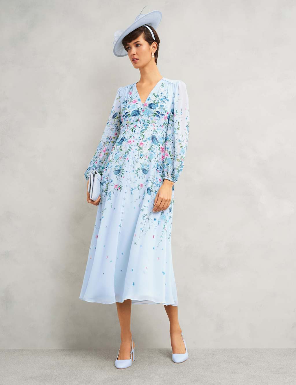 Pure Silk Floral V-Neck Midi Skater Dress 3 of 6
