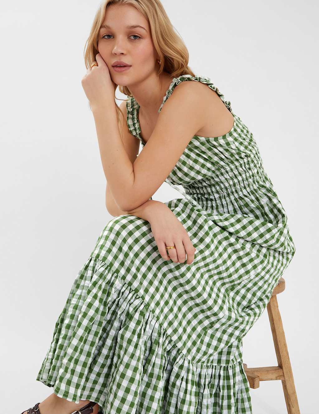 Pure Cotton Gingham Square Neck Maxi Dress 4 of 4
