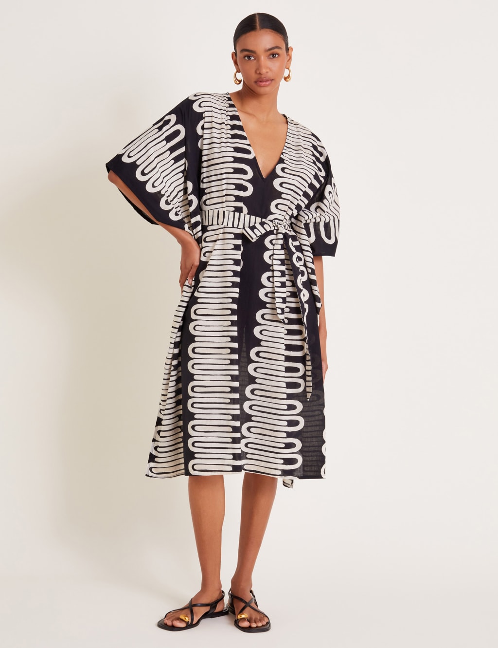 Pure Cotton Printed V Neck Midi Kaftan
