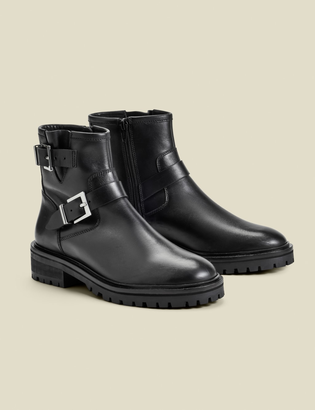 Leather Chunky Biker Buckle Flat Boots 2 of 4