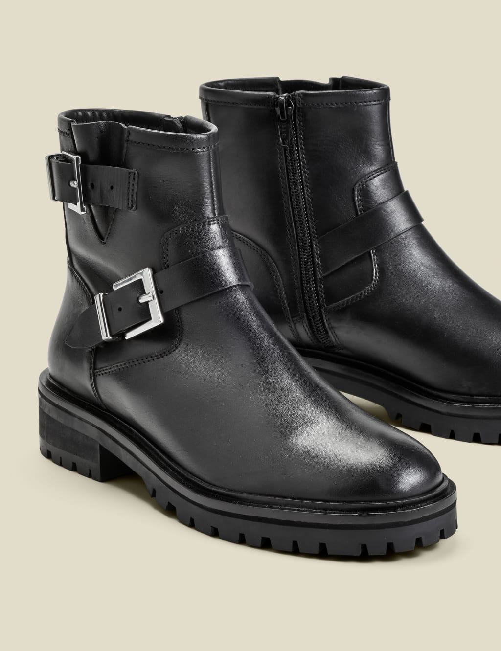 Leather Chunky Biker Buckle Flat Boots 3 of 4