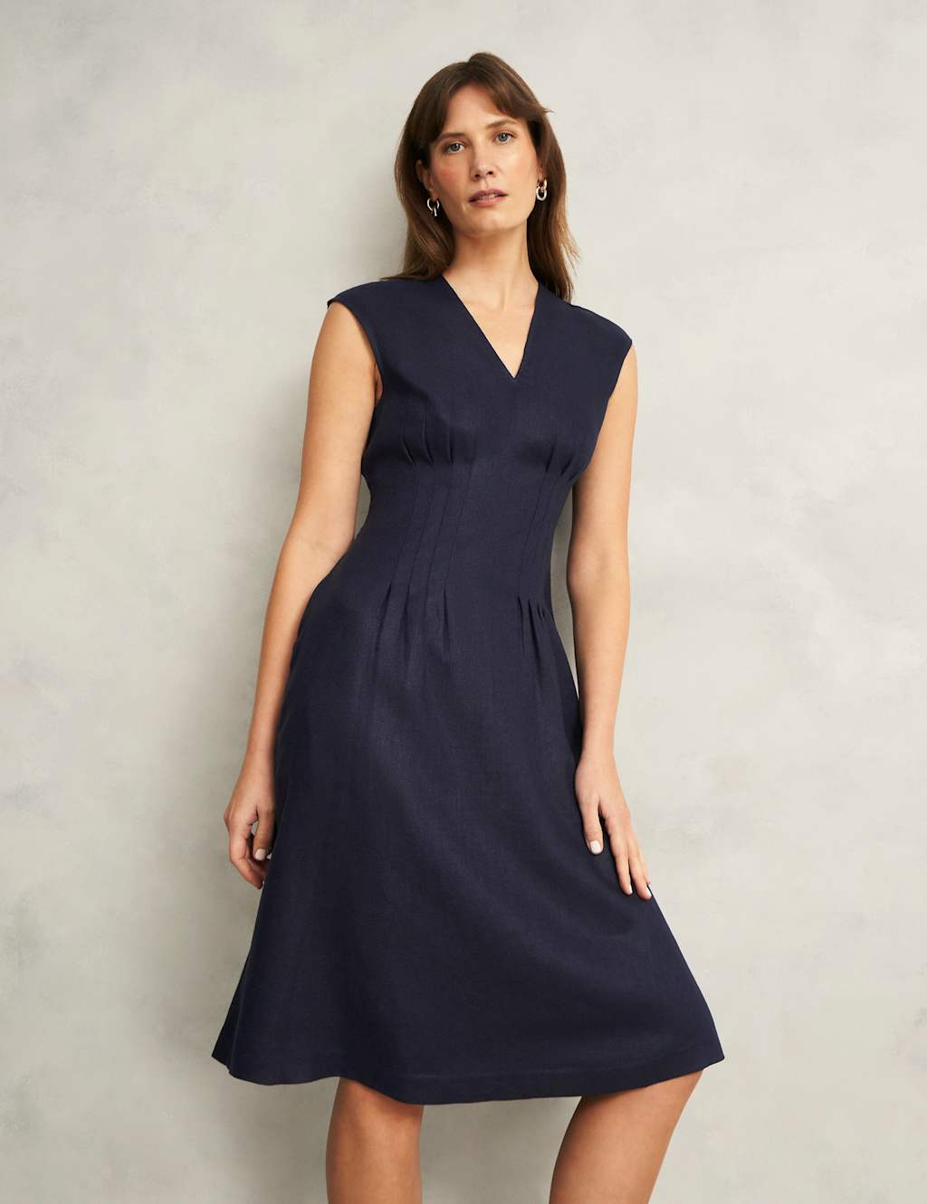 Pure Linen V-Neck Knee Length Skater Dress 1 of 9