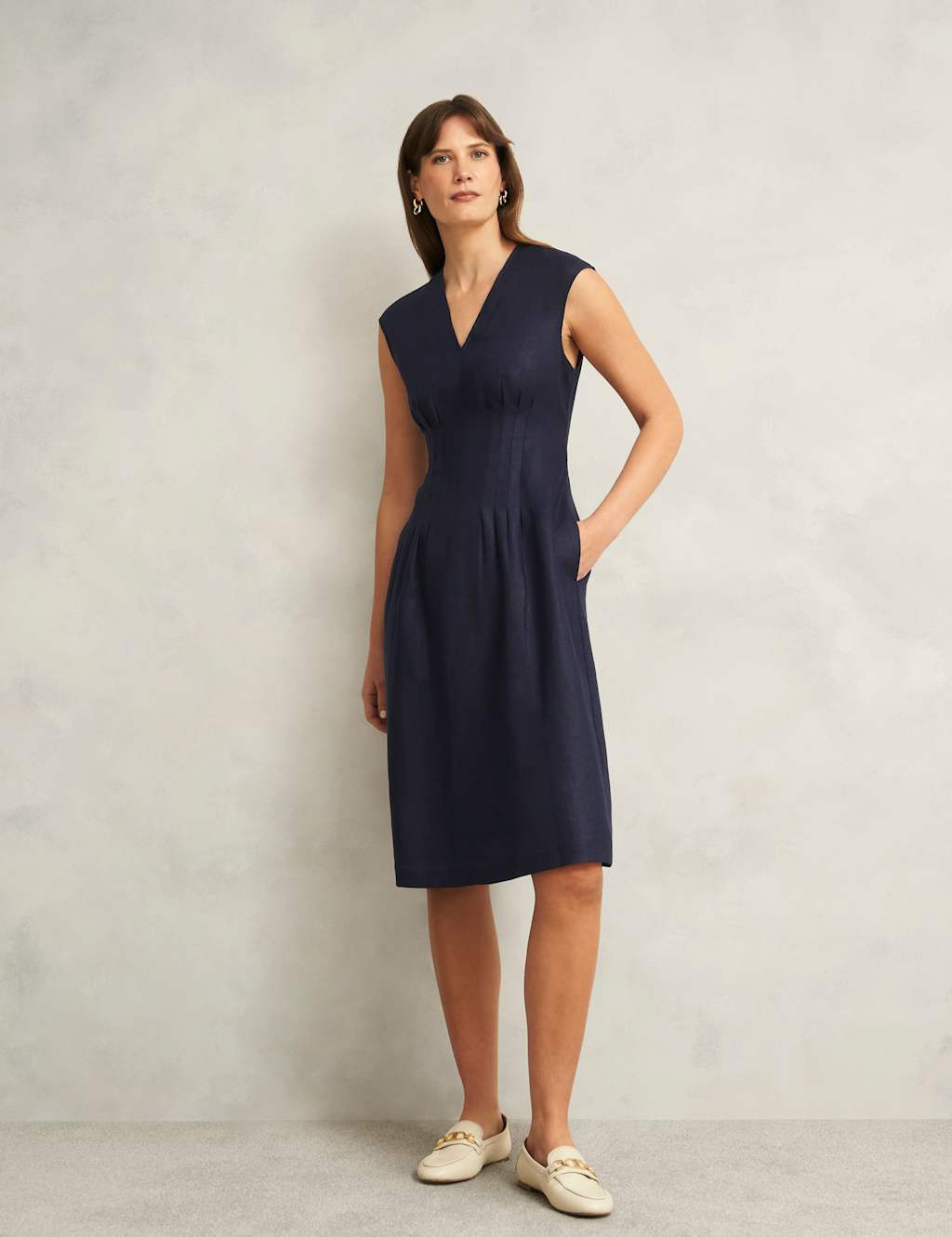 Pure Linen V-Neck Knee Length Skater Dress 3 of 9