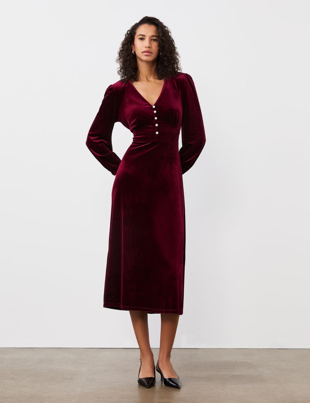 Velvet V Neck Midi Waisted Dress