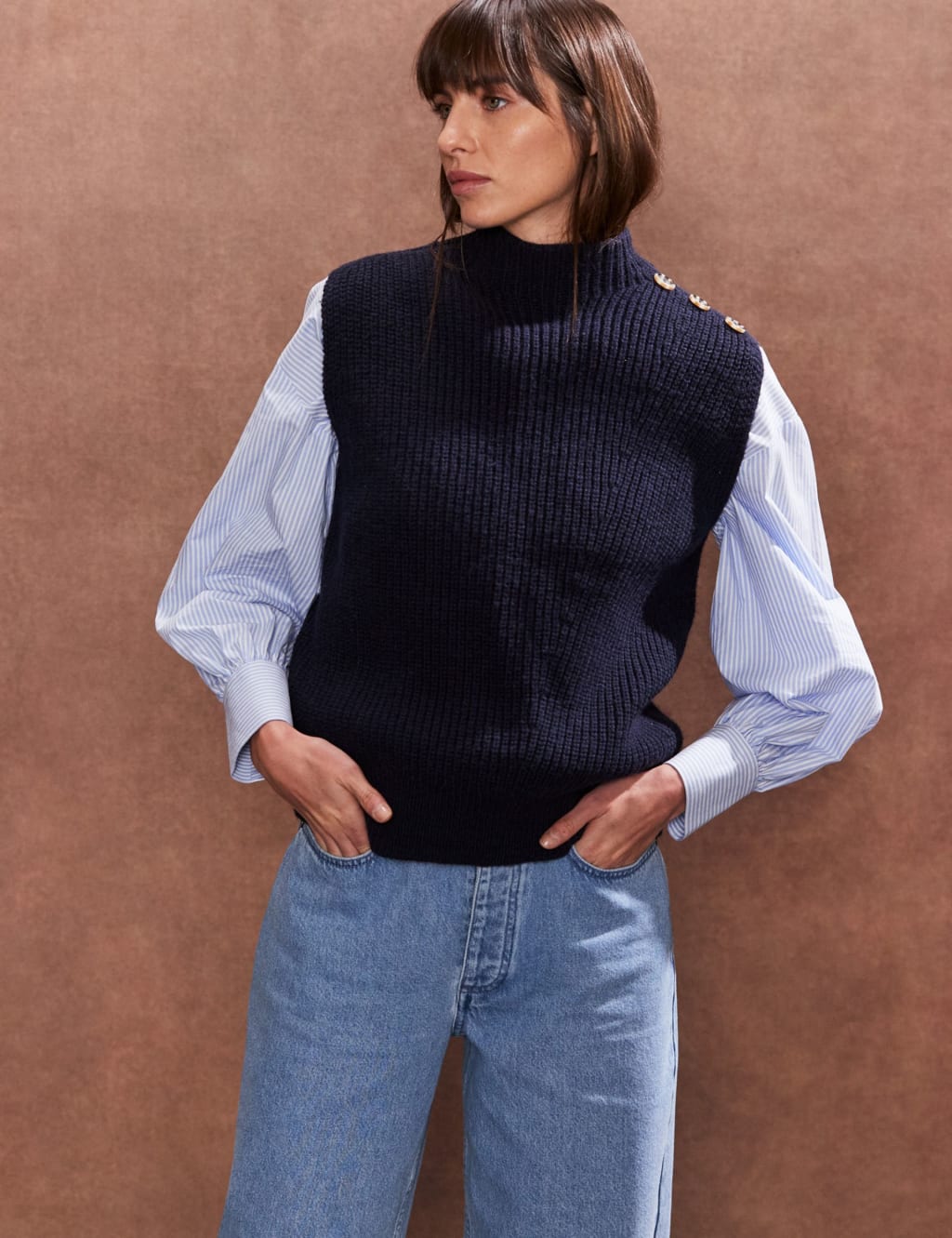 Cotton Rich Funnel Neck Knitted Vest with Wool 2 of 4