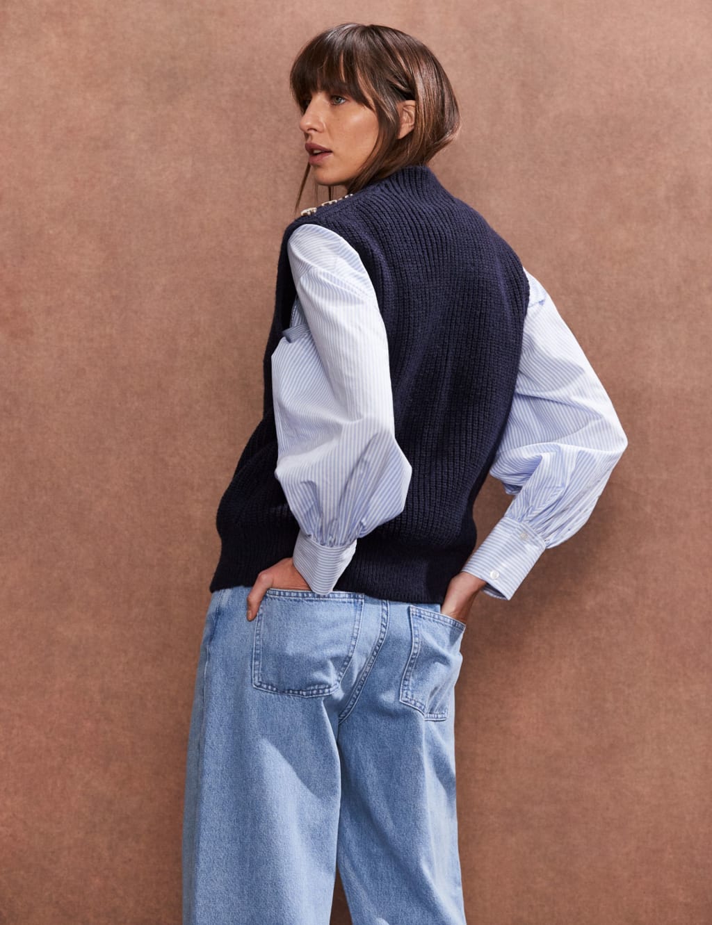 Cotton Rich Funnel Neck Knitted Vest with Wool 3 of 4