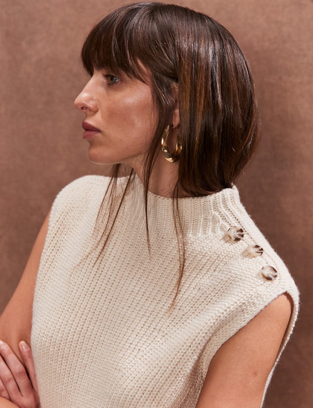 Cotton Rich Funnel Neck Knitted Vest with Wool 4 of 4