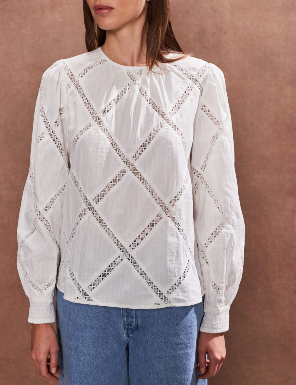 Pure Cotton Crew Neck Lace Insert Blouse 2 of 4