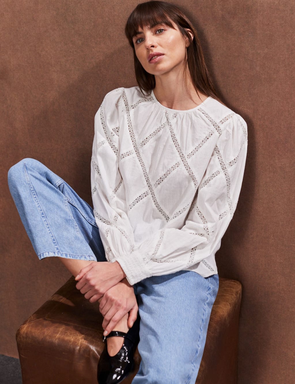 Pure Cotton Crew Neck Lace Insert Blouse 4 of 4