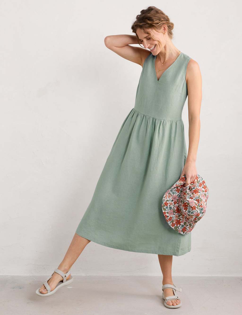 Pure Linen V-Neck Midi Waisted Dress 1 of 4