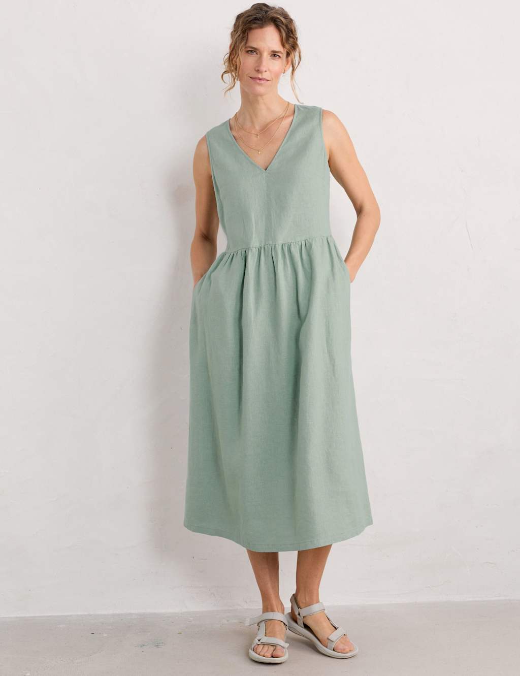 Pure Linen V-Neck Midi Waisted Dress 3 of 4