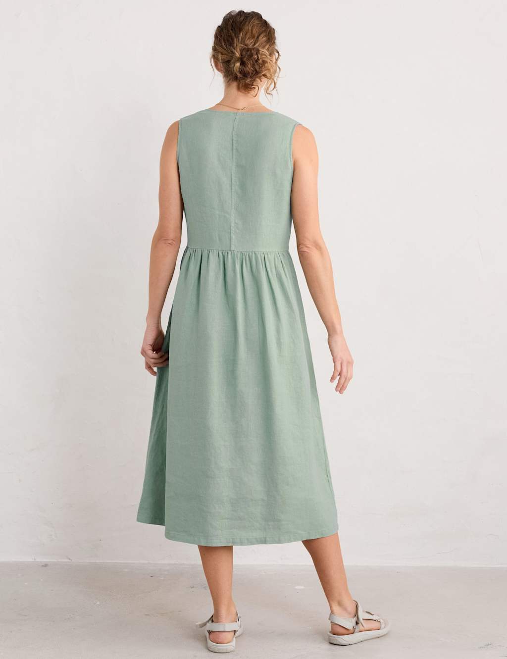 Pure Linen V-Neck Midi Waisted Dress 4 of 4