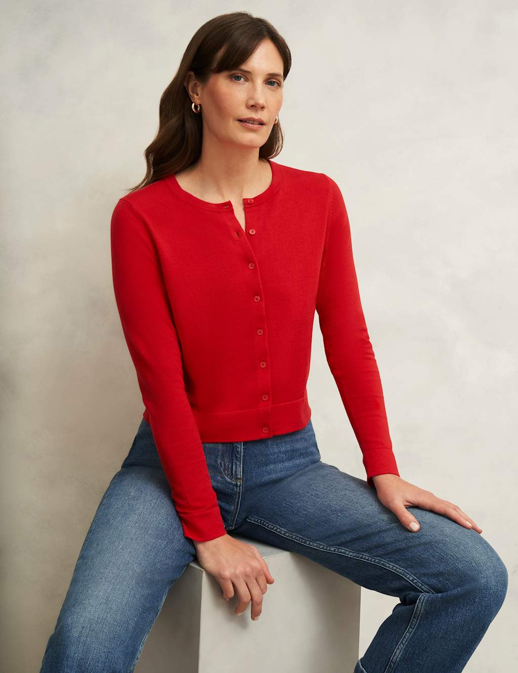 Cotton Rich Crew Neck Cropped Cardigan 1 of 6