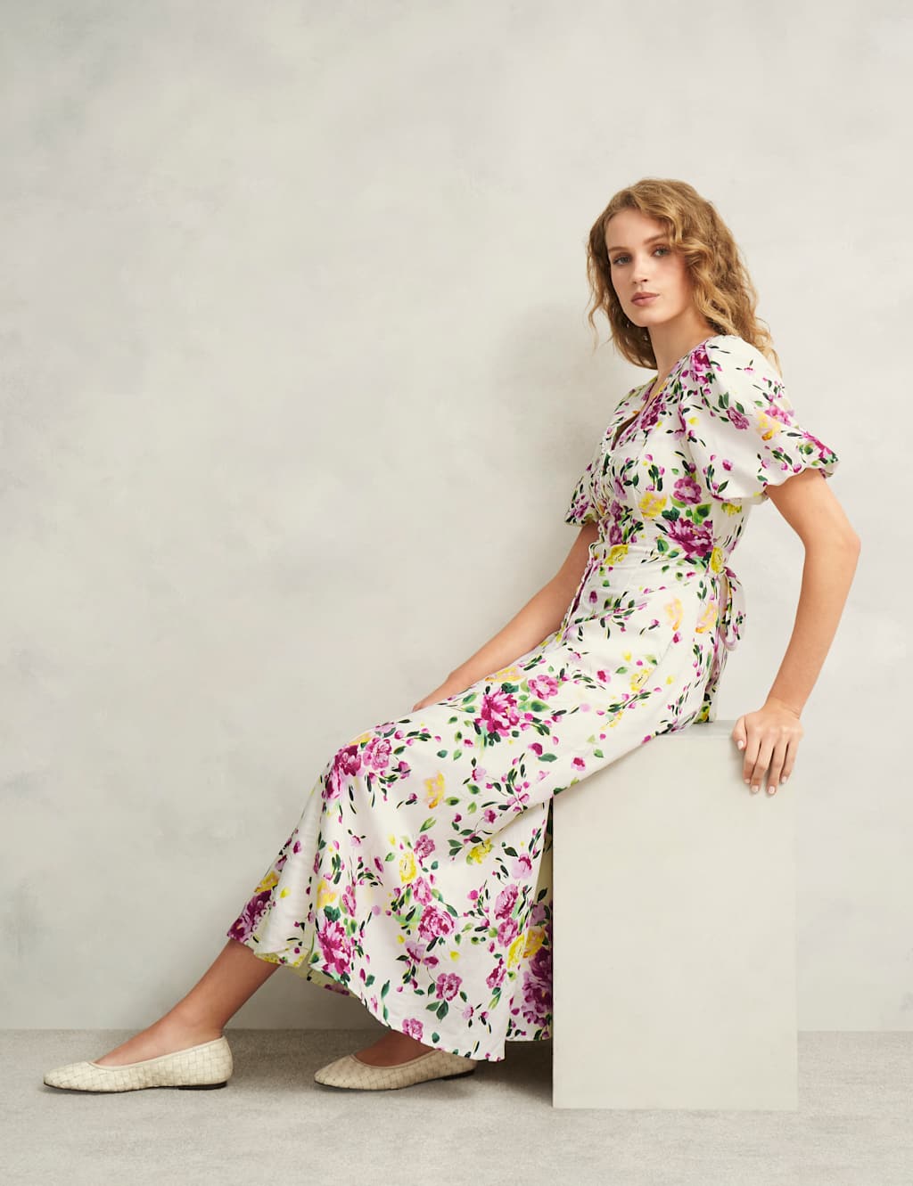 Linen Rich Floral Midaxi Smock Dress 3 of 4