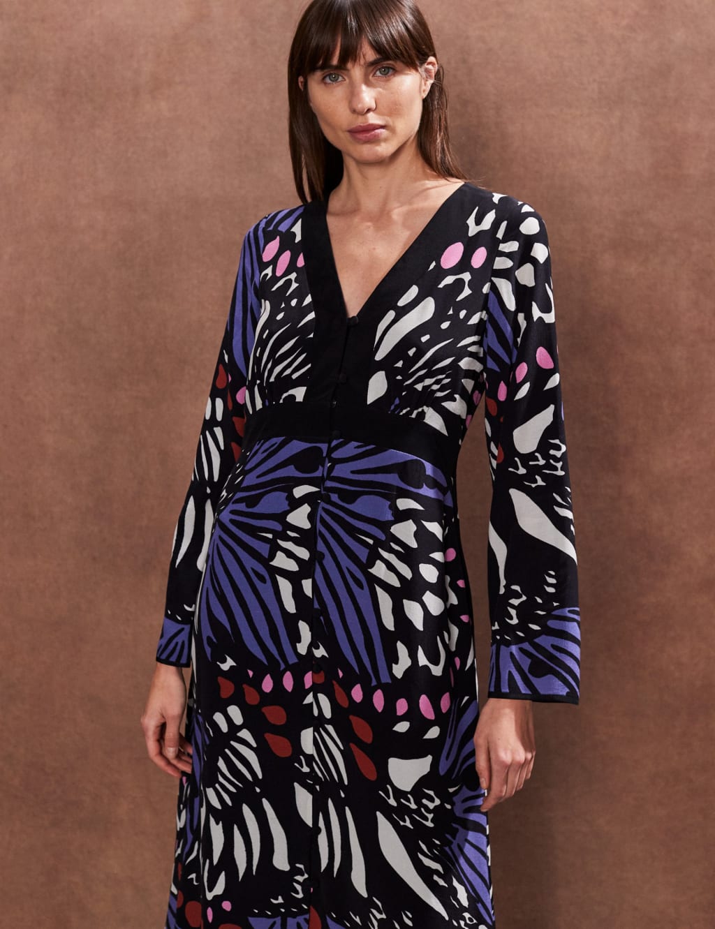 Printed V-Neck Midi Waisted Dress 3 of 4