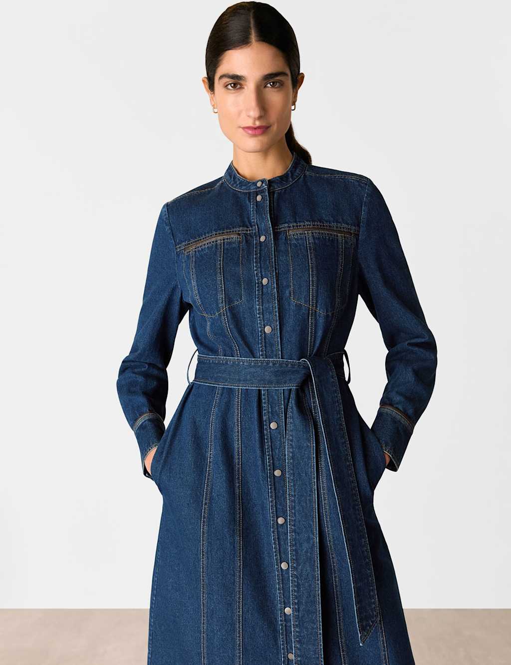 Denim Belted Button Through Midi Waisted Dress 3 of 4