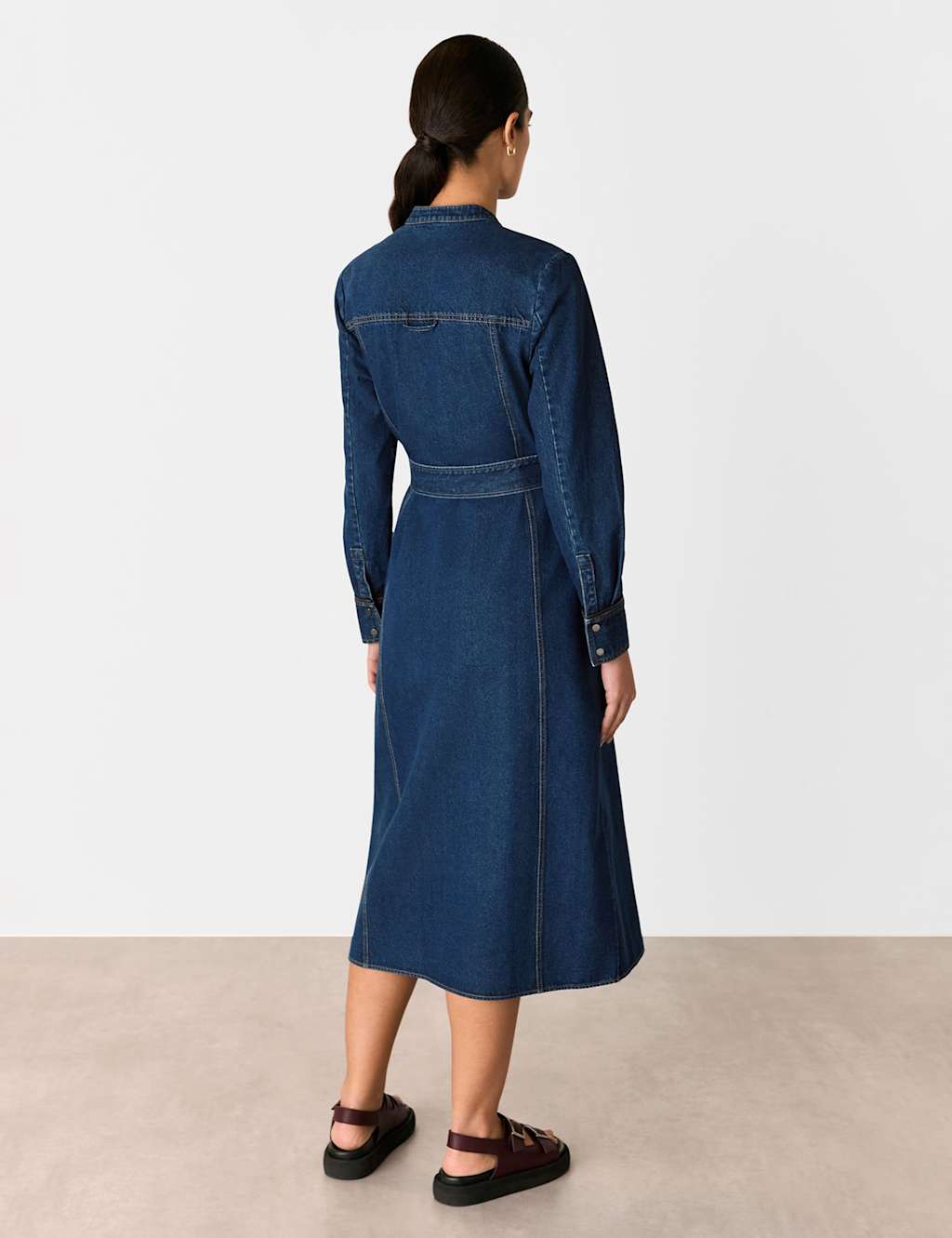 Denim Belted Button Through Midi Waisted Dress 4 of 4