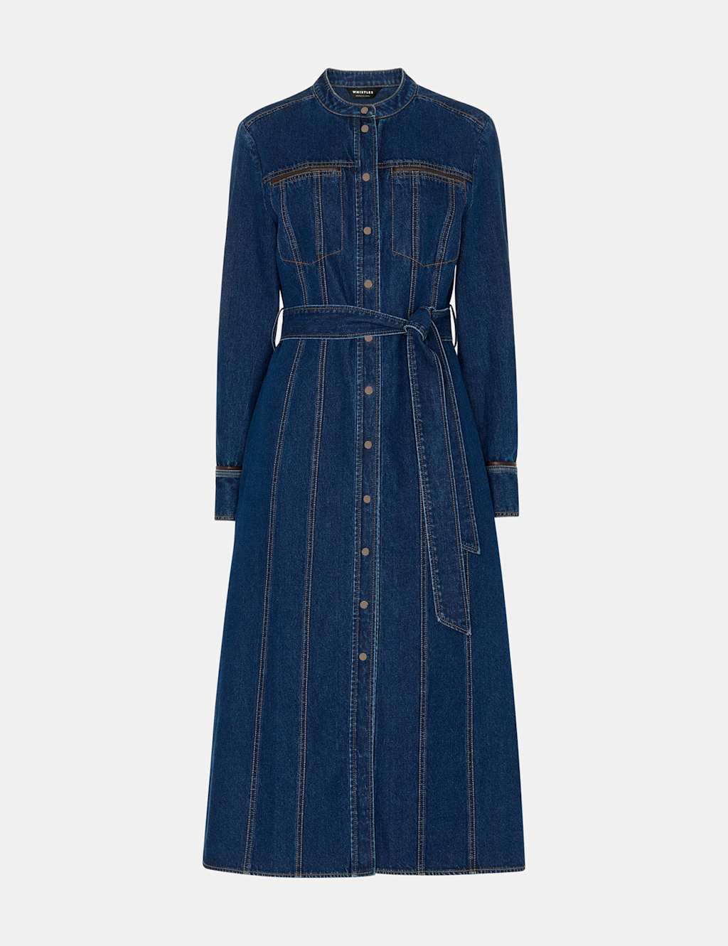 Denim Belted Button Through Midi Waisted Dress 2 of 4
