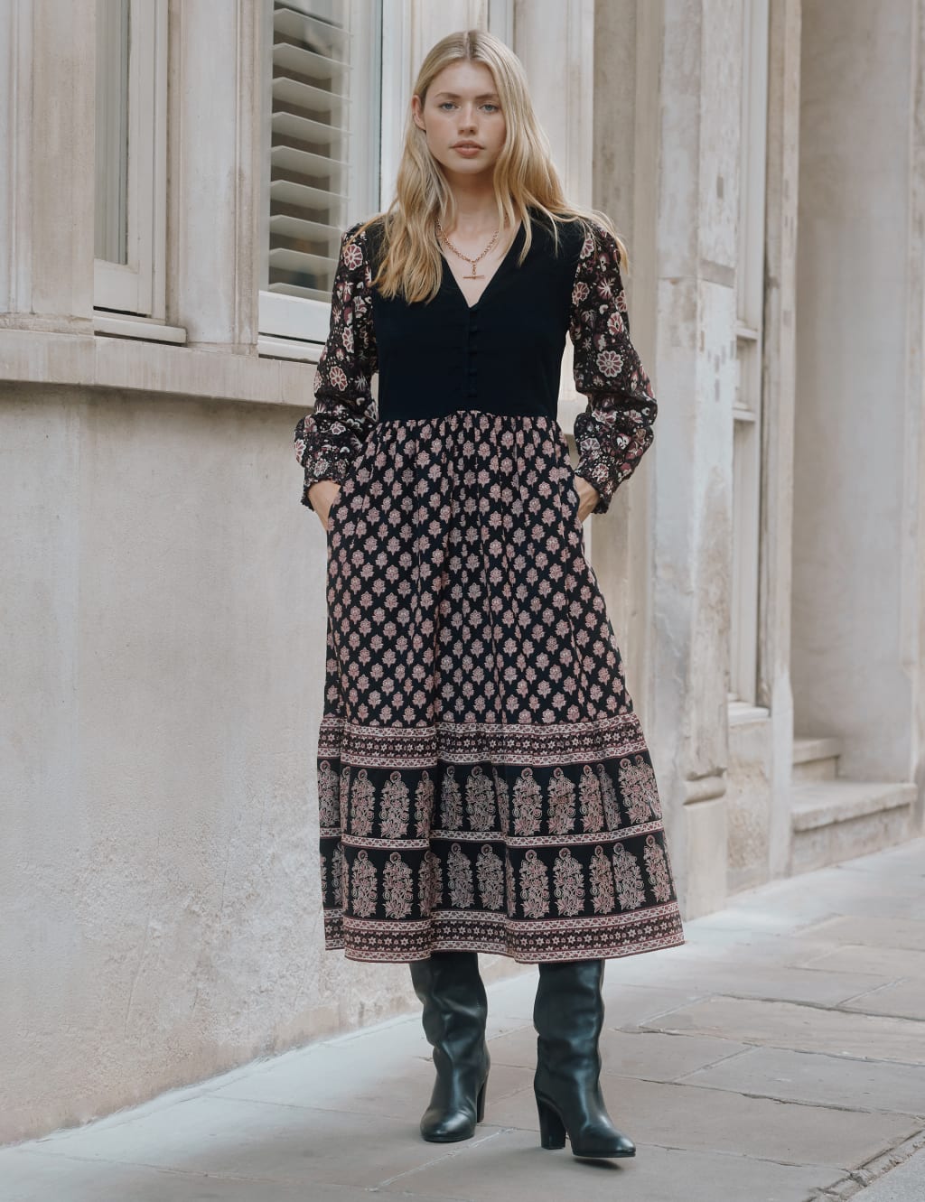 Pure Cotton Floral Tiered Midi Dress