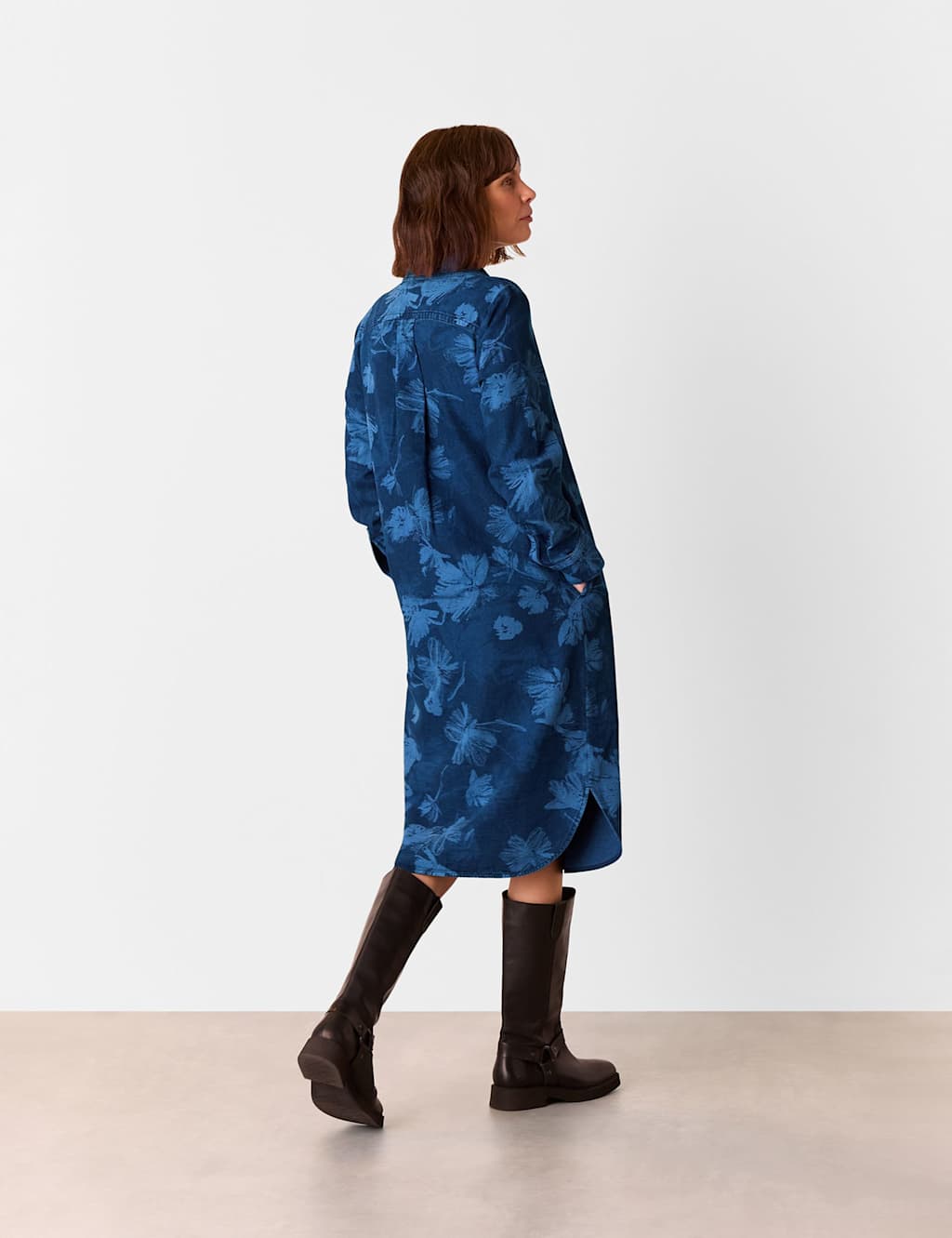 Denim Floral Midi Shirt Dress 3 of 4