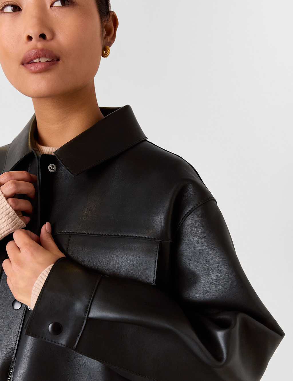 Leather Relaxed Collared Biker Jacket 3 of 4