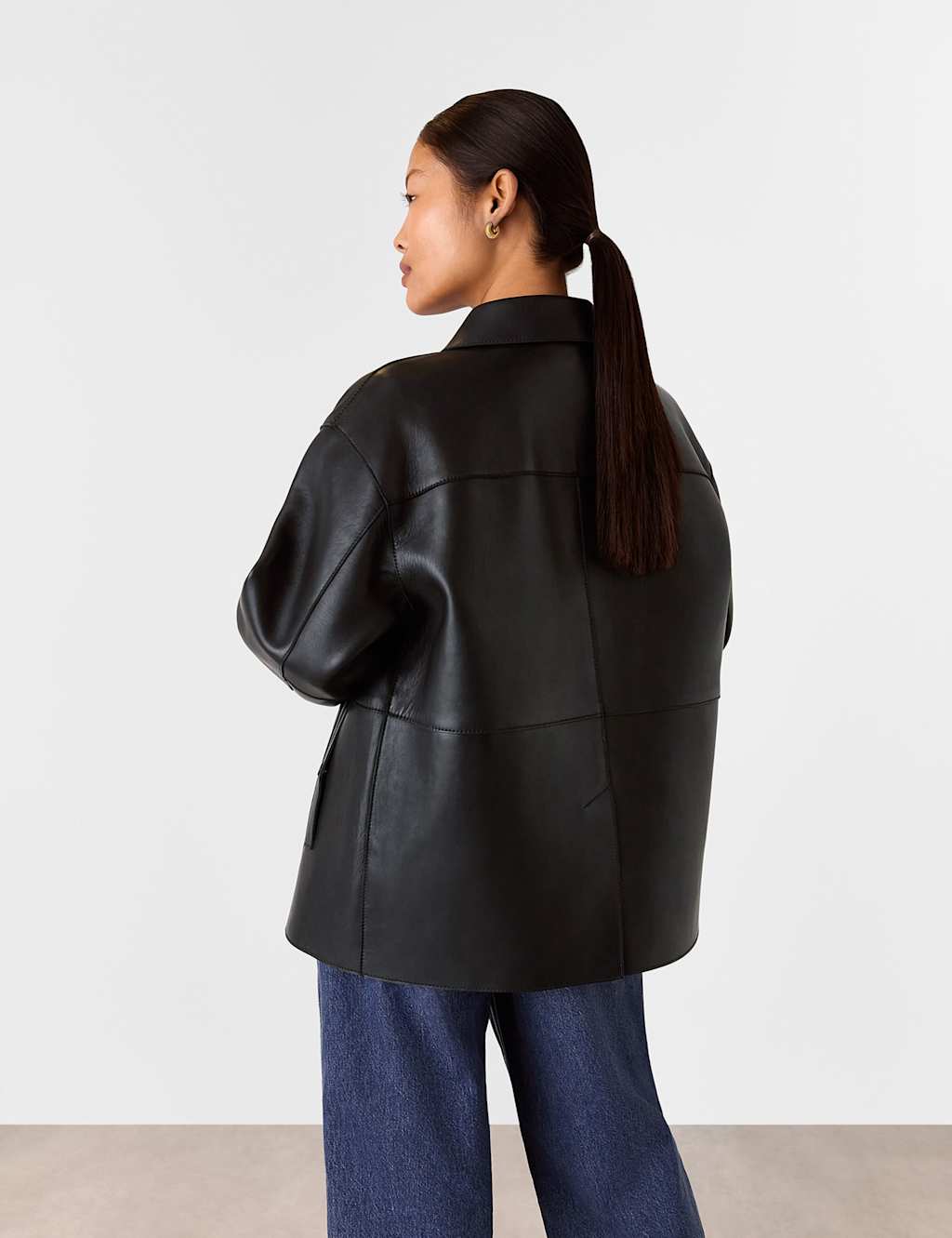 Leather Relaxed Collared Biker Jacket 4 of 4