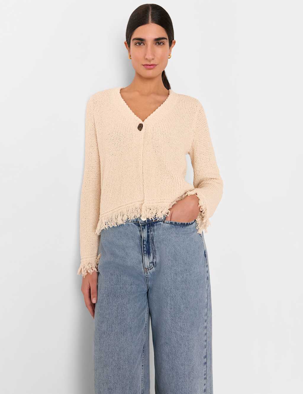 Cotton Rich V-Neck Fringe Cardigan 3 of 4