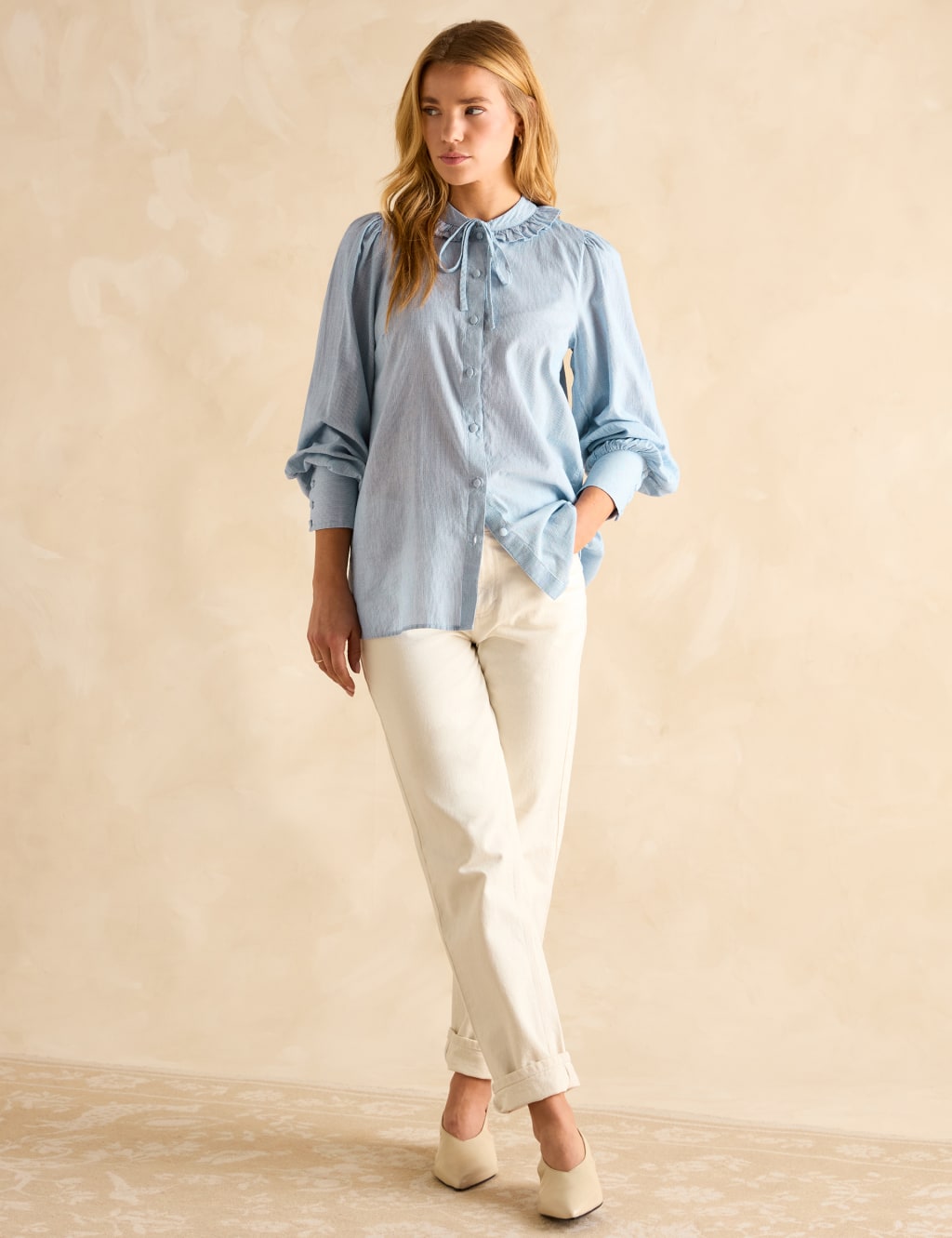 Pure Cotton Striped Tie Neck Ruffle Blouse 2 of 5