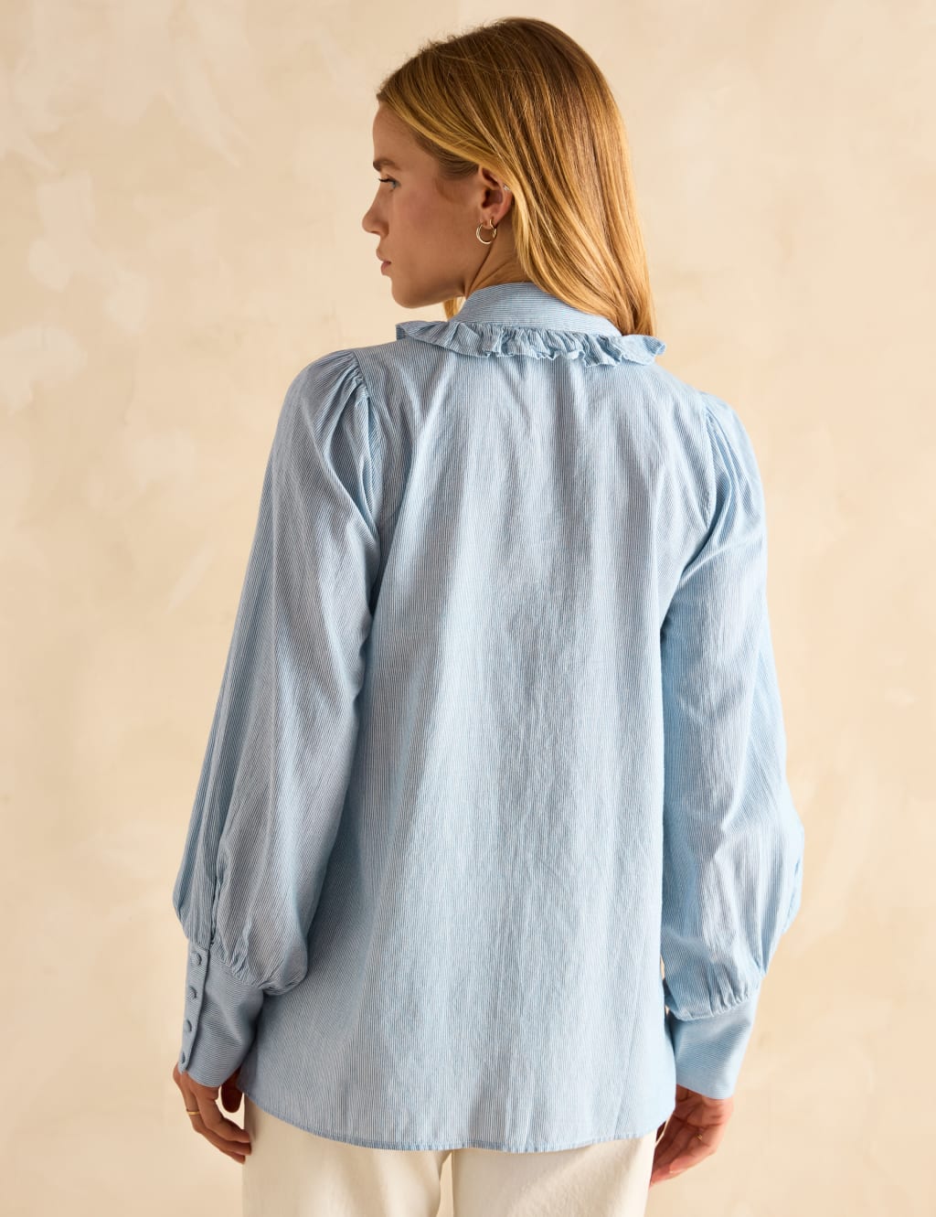 Pure Cotton Striped Tie Neck Ruffle Blouse 3 of 5