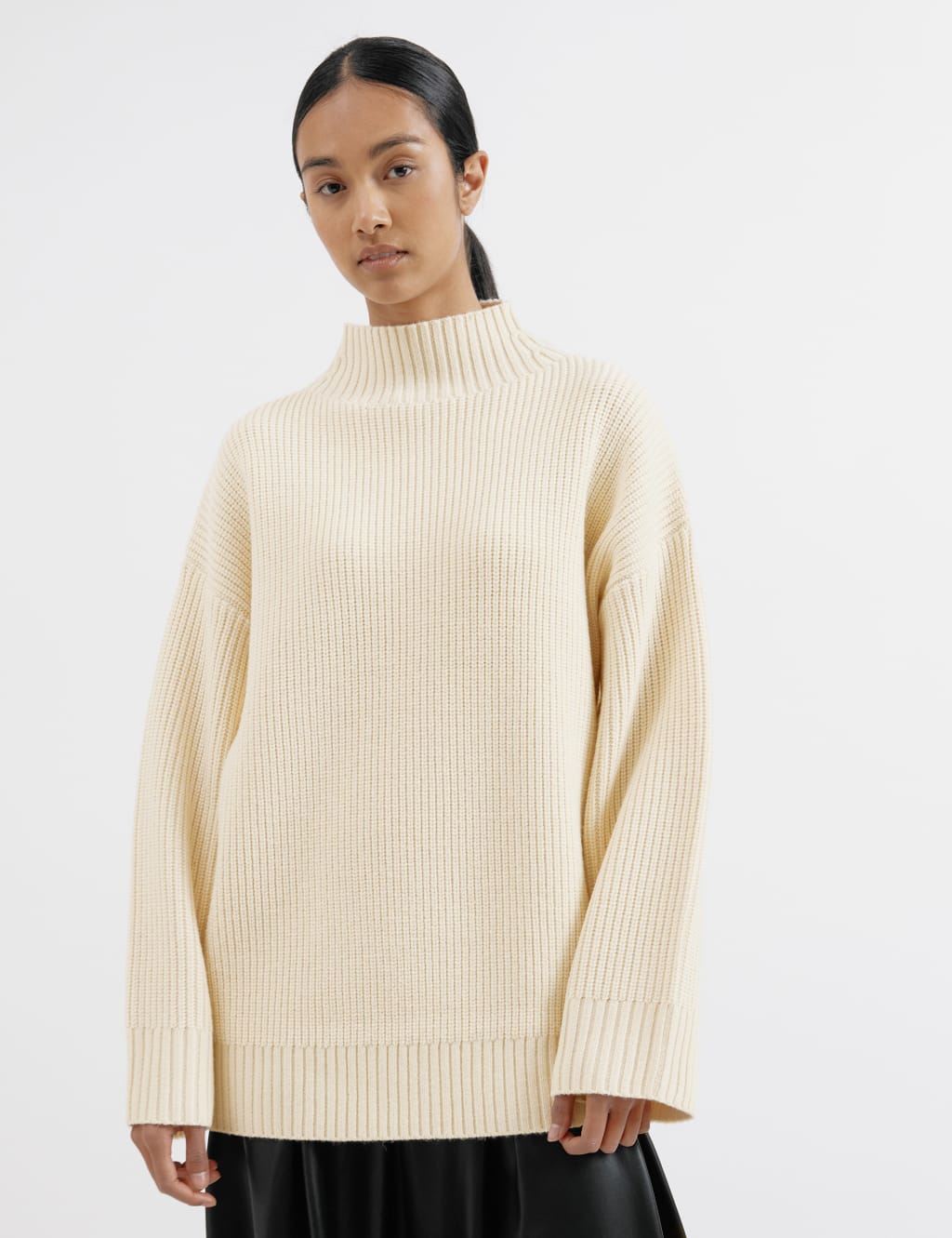 Ribbed Funnel Neck Jumper with Wool
