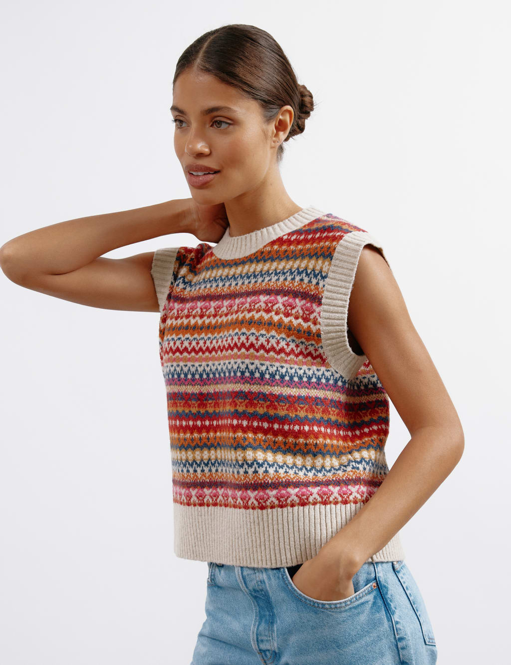 Fair Isle Crew Neck Knitted Tank with Wool 1 of 5
