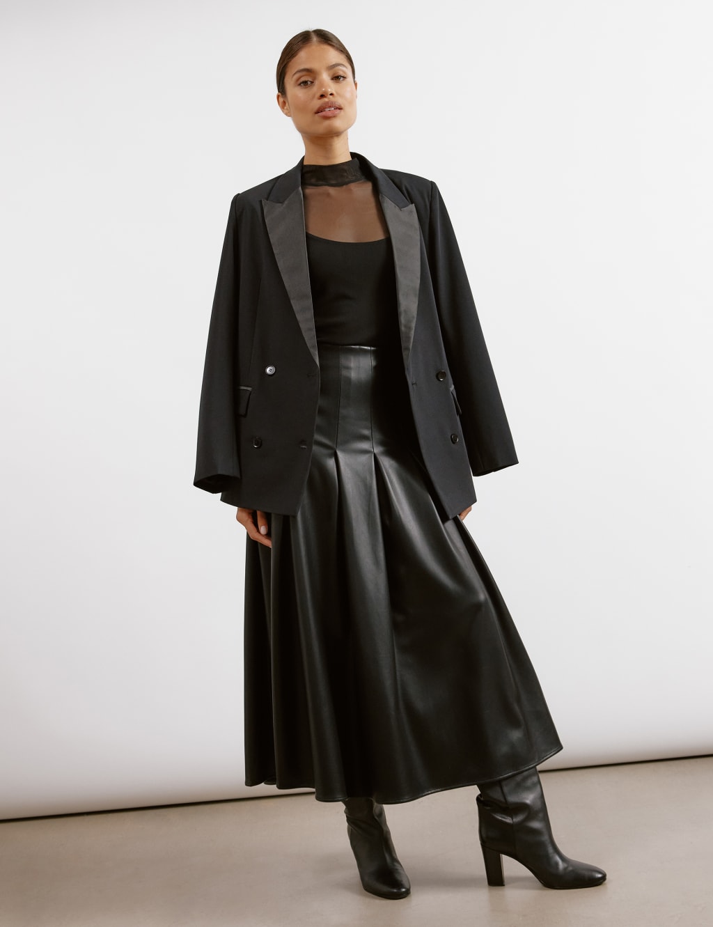 Black leather-look pleated midi skirt sales