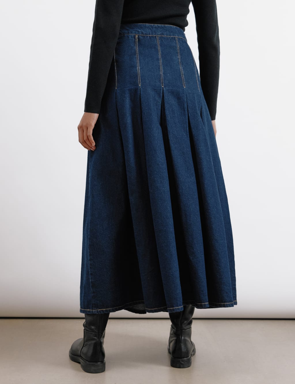 Pure Cotton Denim Pleated Midi A-Line Skirt 4 of 5