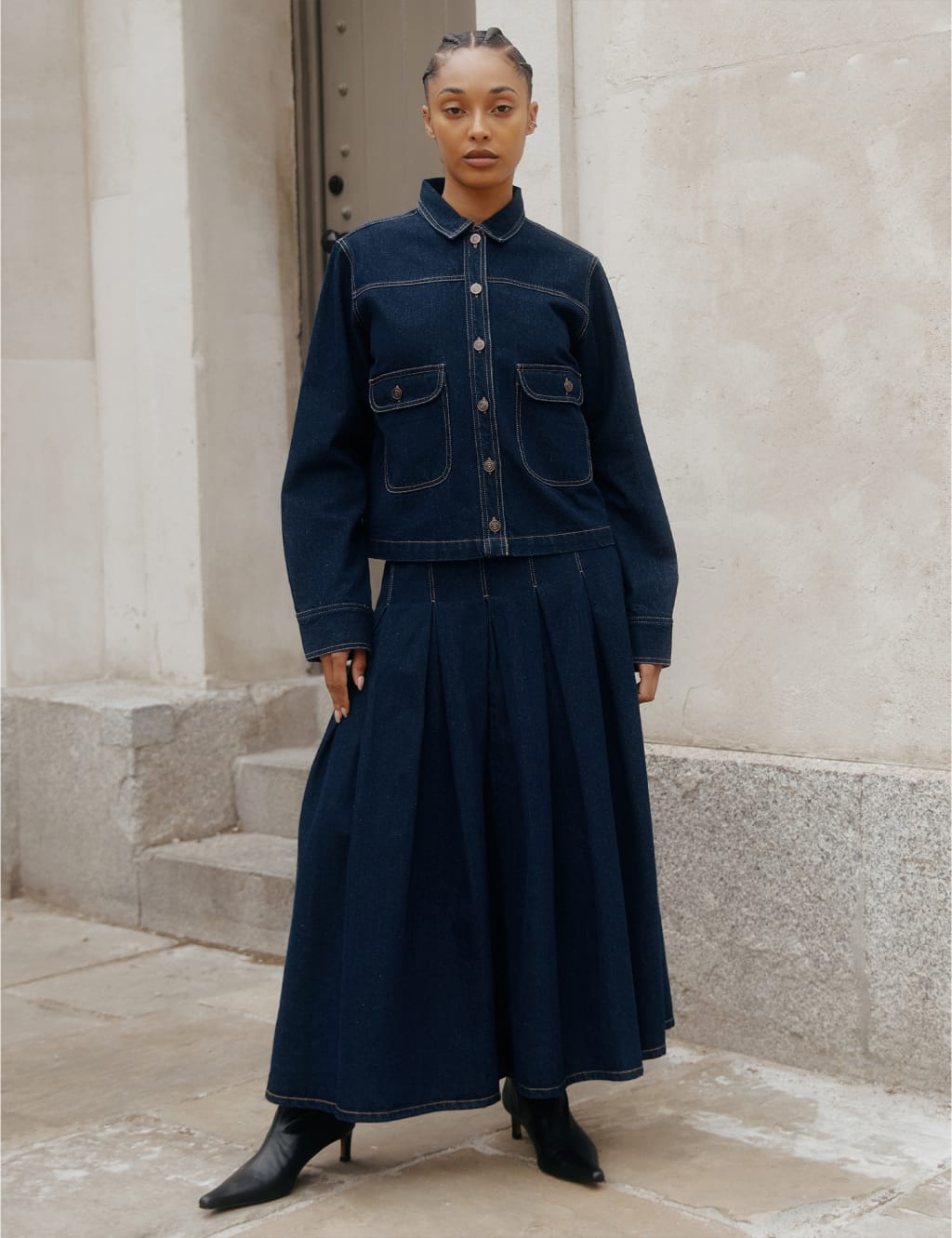 Pure Cotton Denim Pleated Midi A-Line Skirt 5 of 5
