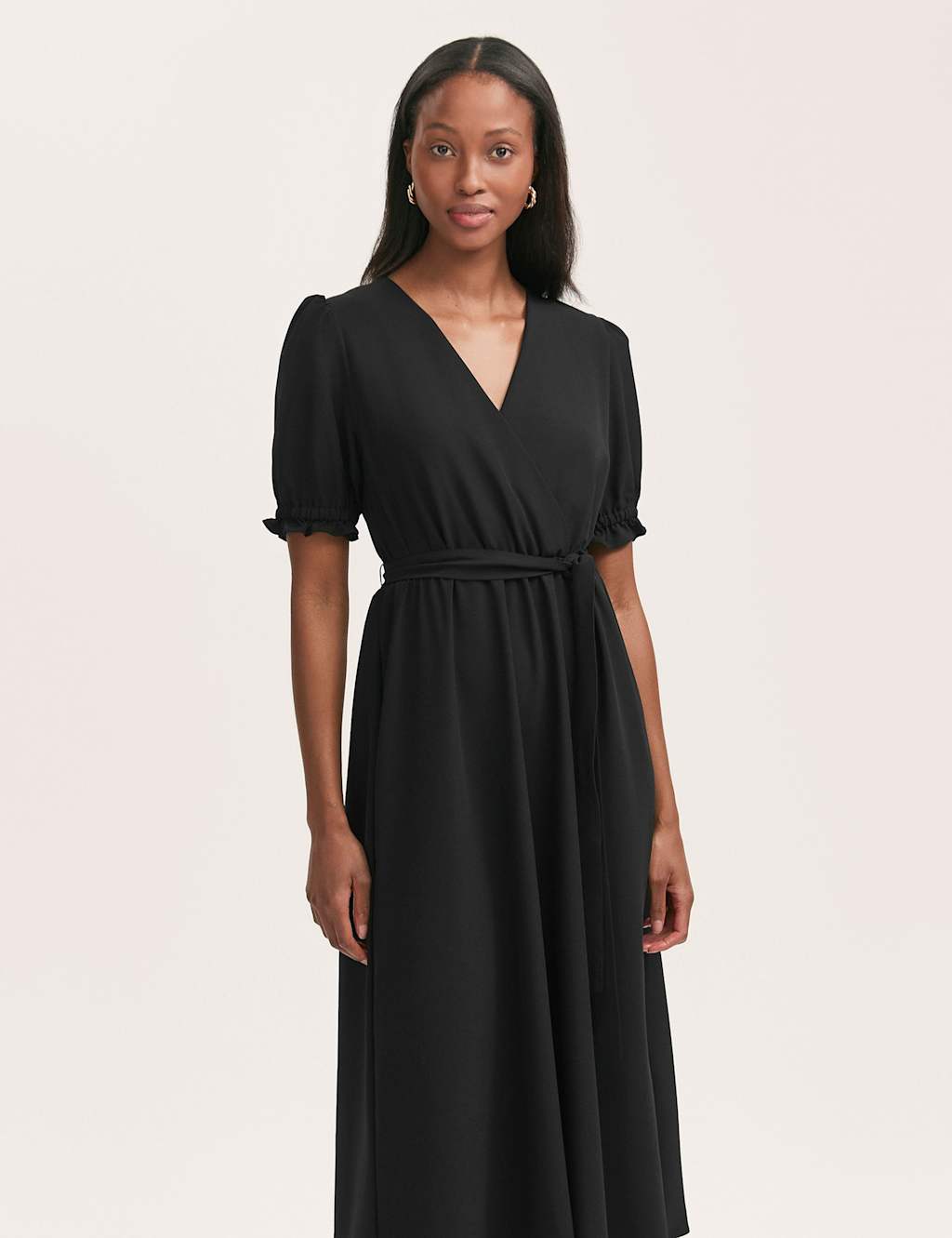 Crepe V-Neck Tie Waist Midi Wrap Dress 3 of 4
