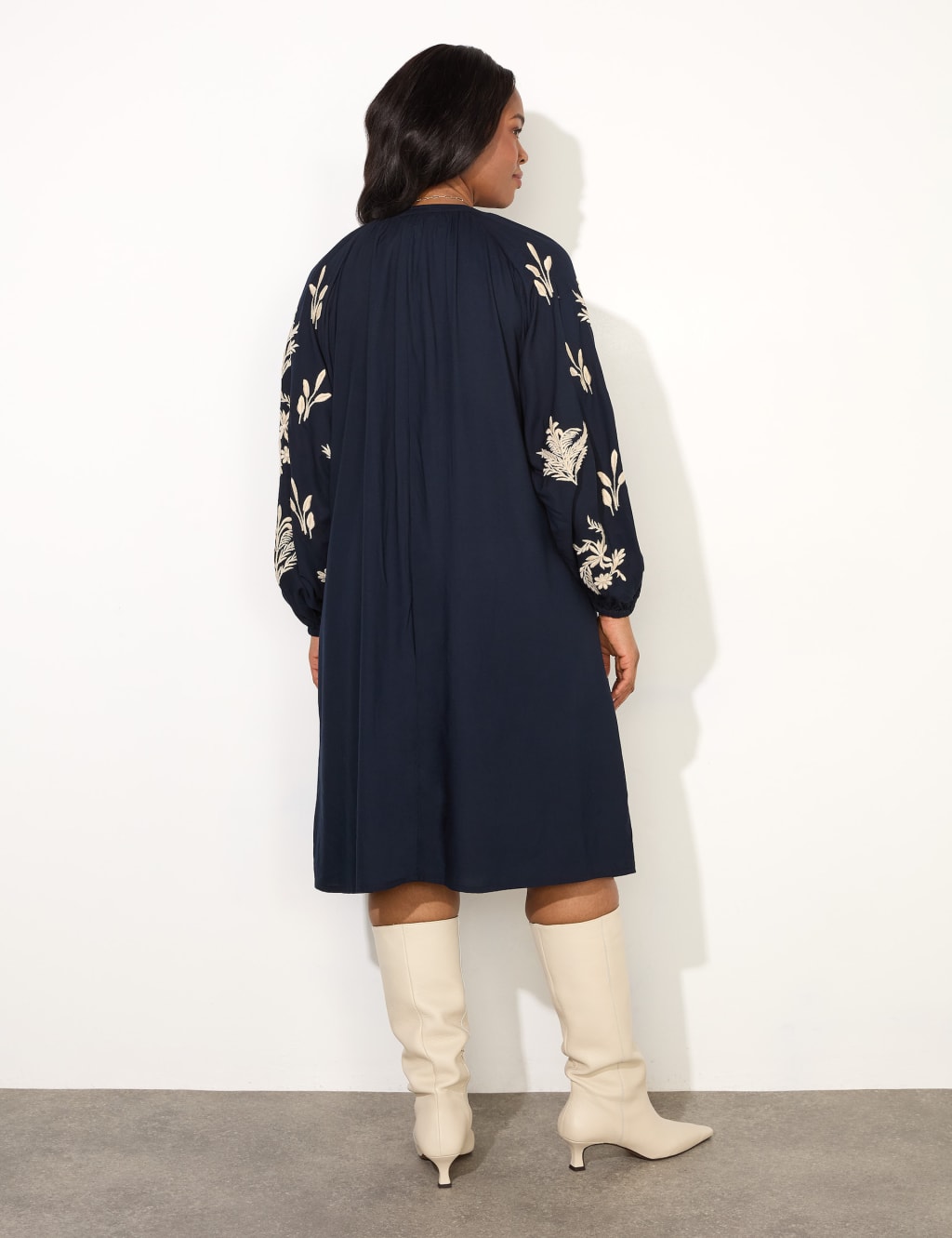 Embroidered Tie Neck Midi Smock Dress 3 of 3